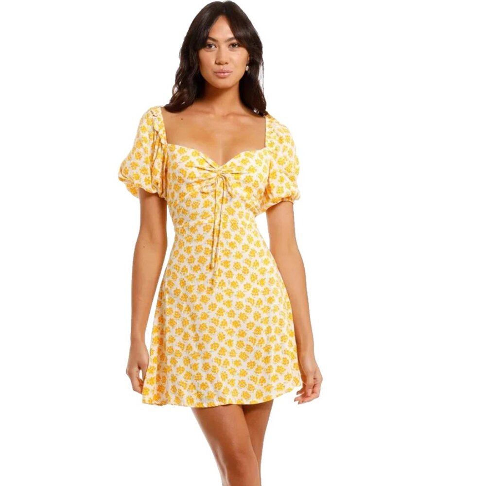 NWT Faithfull The Brand Shimma Yellow Floral Prairie Milkmaid Mini Dress Small